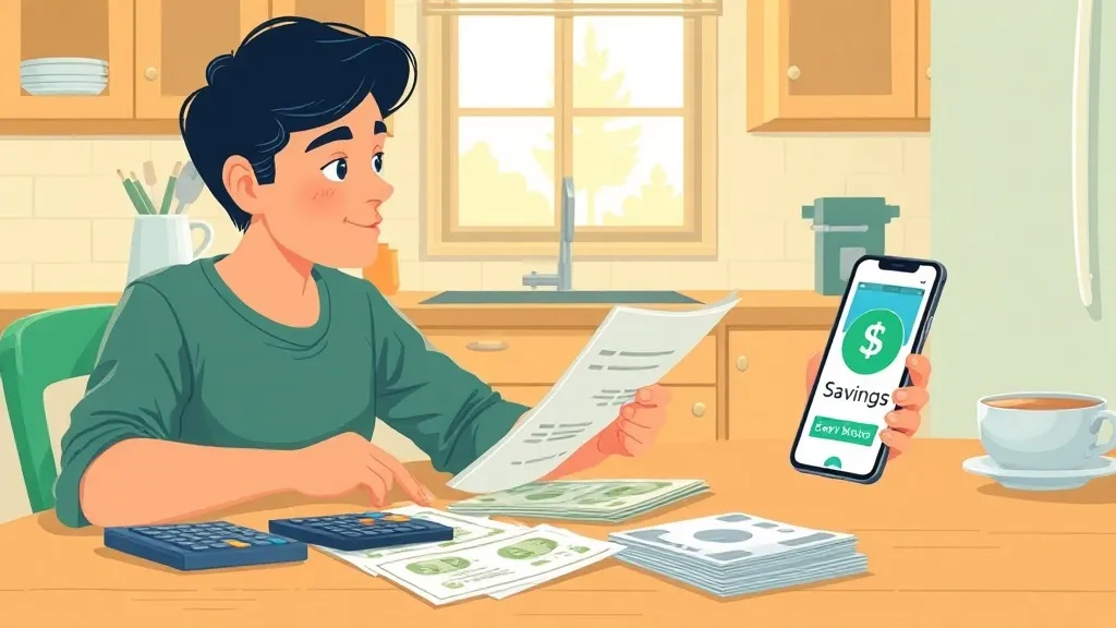 Person reviewing cell phone bill with calculator and savings chart on a desk