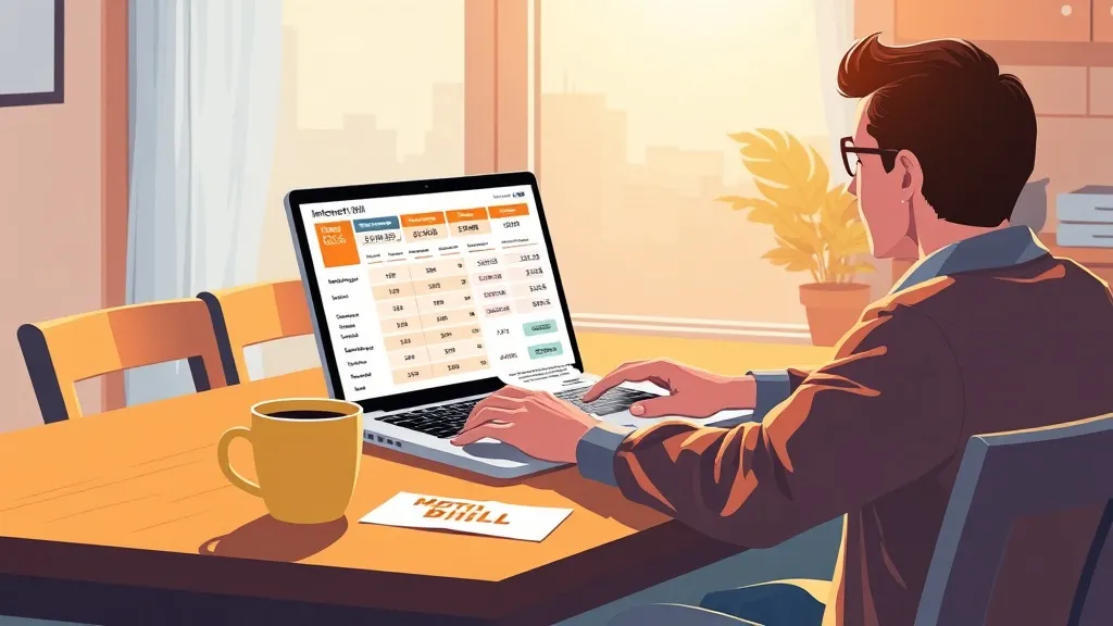 Person reviewing internet bill at kitchen table with laptop showing savings calculator