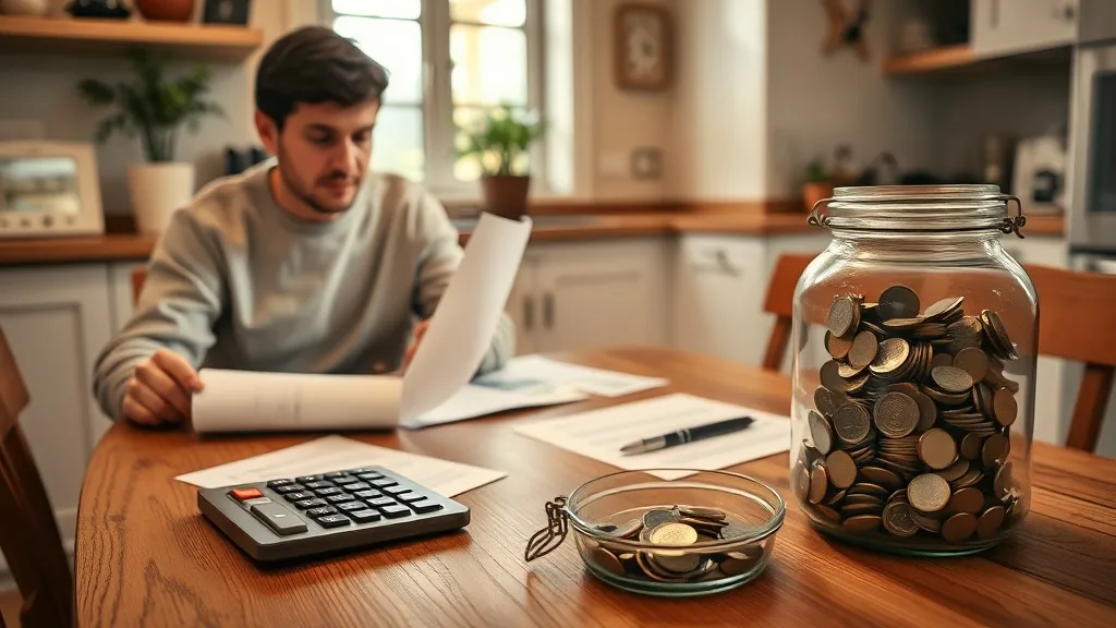 Person reviewing home insurance documents with calculator and savings jar on kitchen table